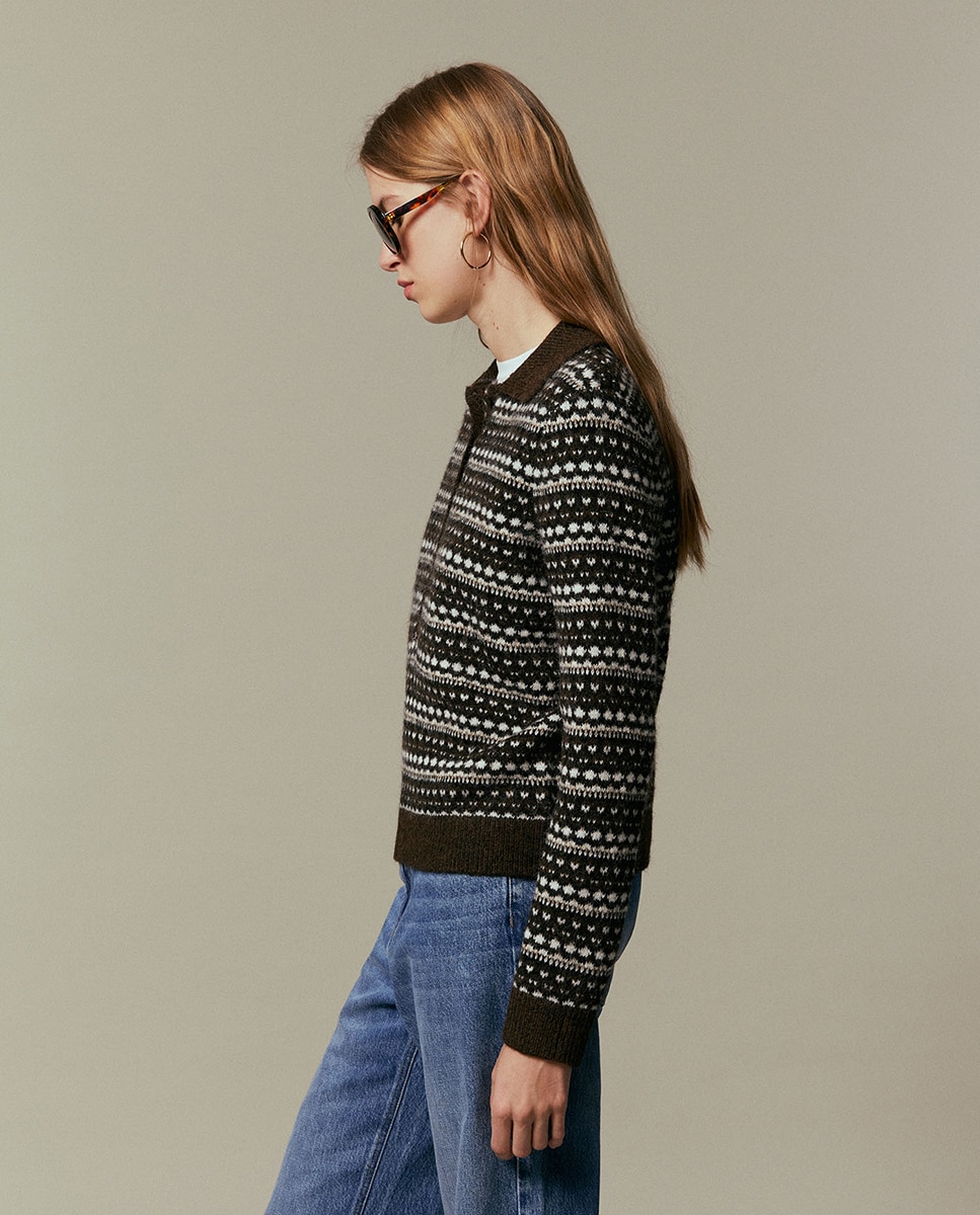 Camisola de Malha com Colarinho de Polo e Jacquard Castanho-5