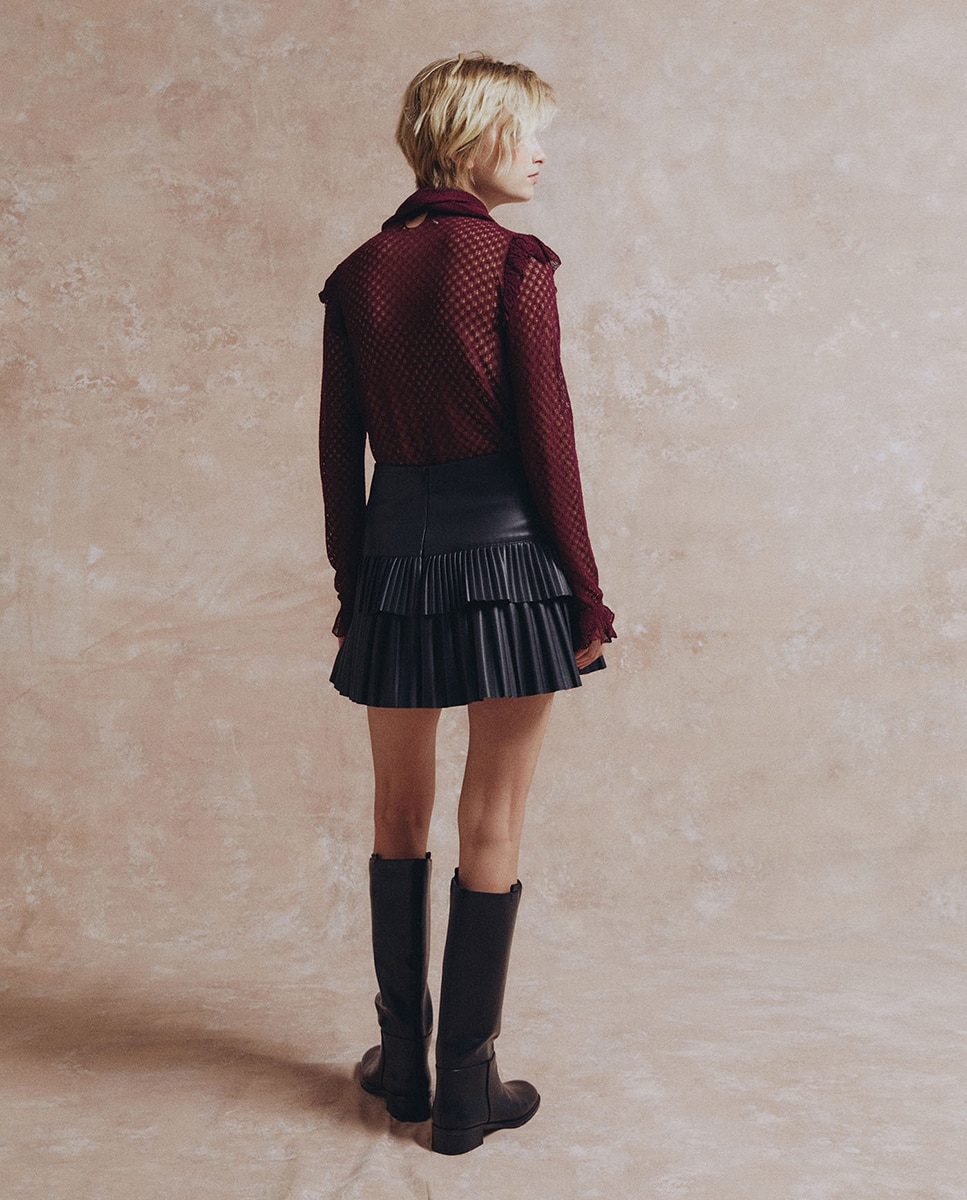Camisola de Malha com Rendilhado e Laço Bordeaux-5