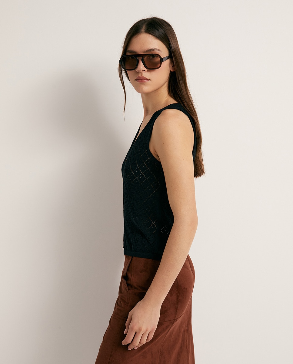 Colete de Malha Rendilhada Preto-4