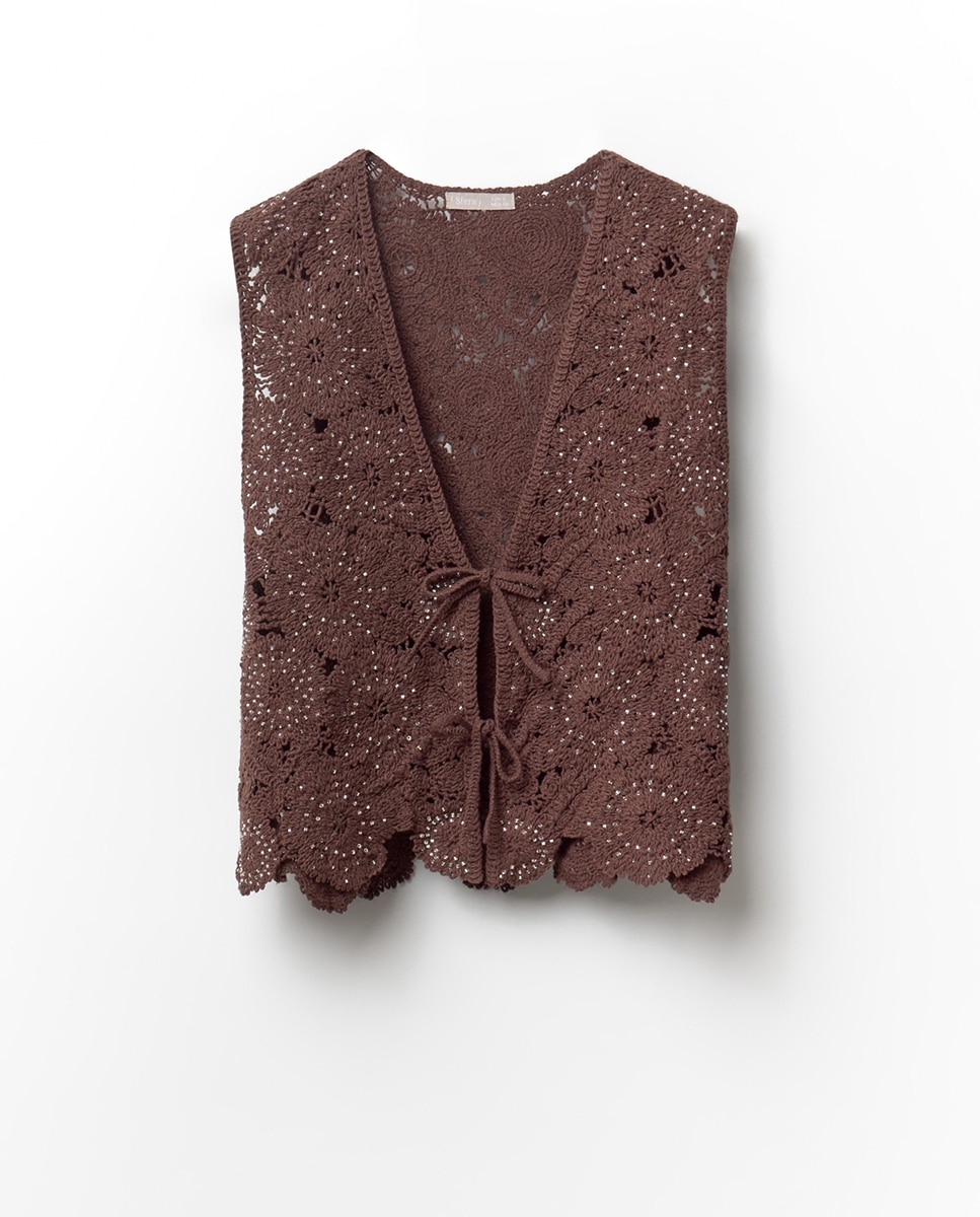 Colete de Crochet com Missangas Castanho-5