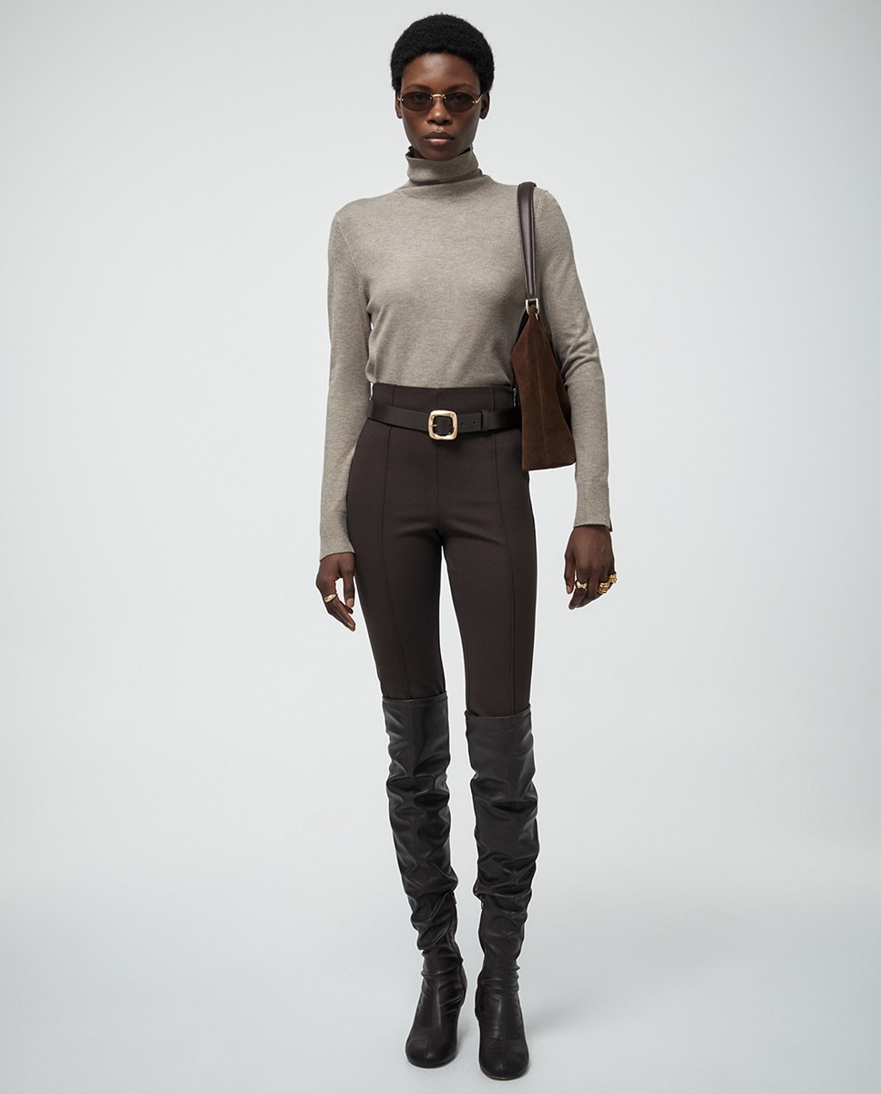 Camisola de malha com gola dobrada Castanho-claro-1