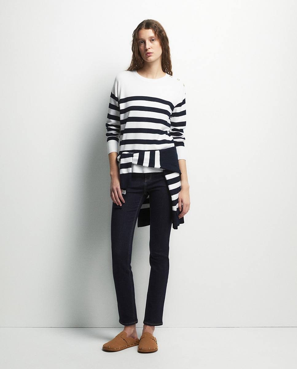Camisola de malha às riscas com botões Azul-marinho-2