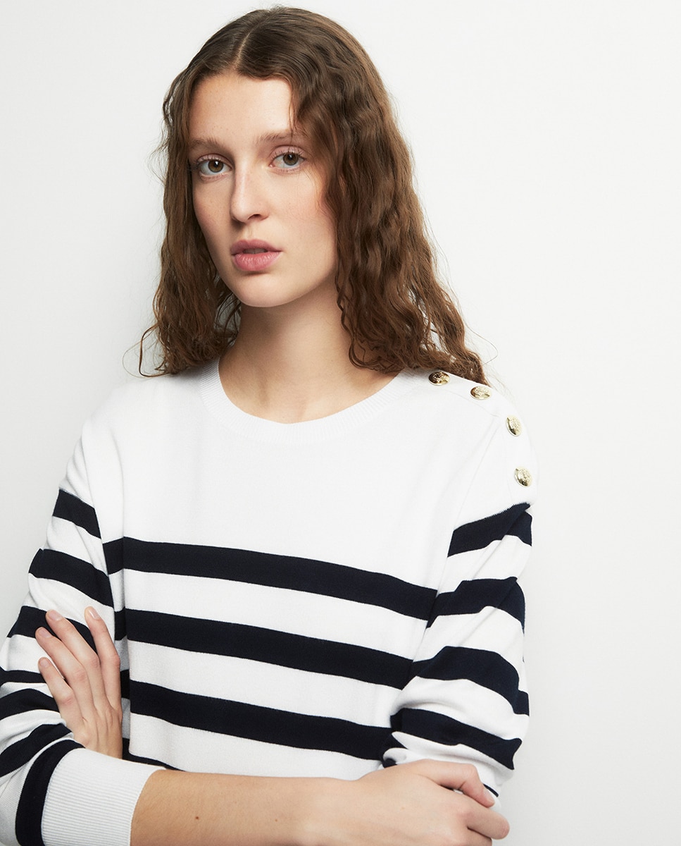 Camisola de malha às riscas com botões Azul-marinho-3