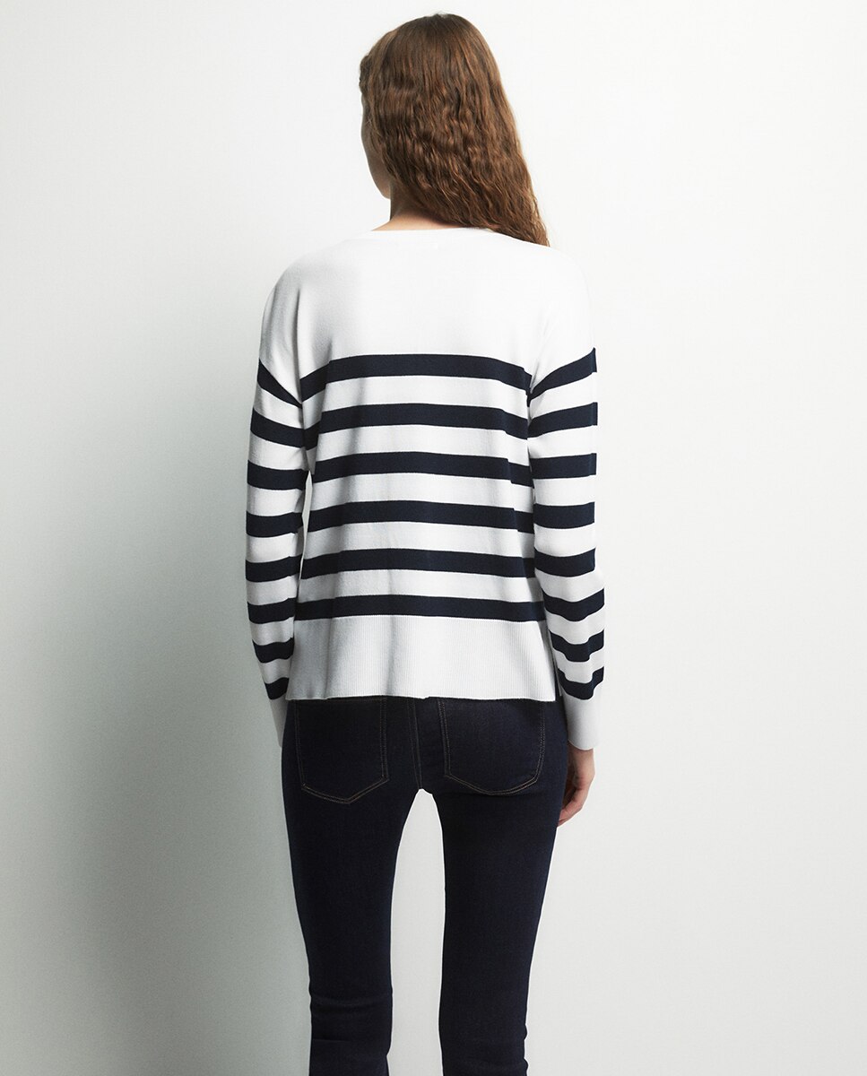 Camisola de malha às riscas com botões Azul-marinho-4