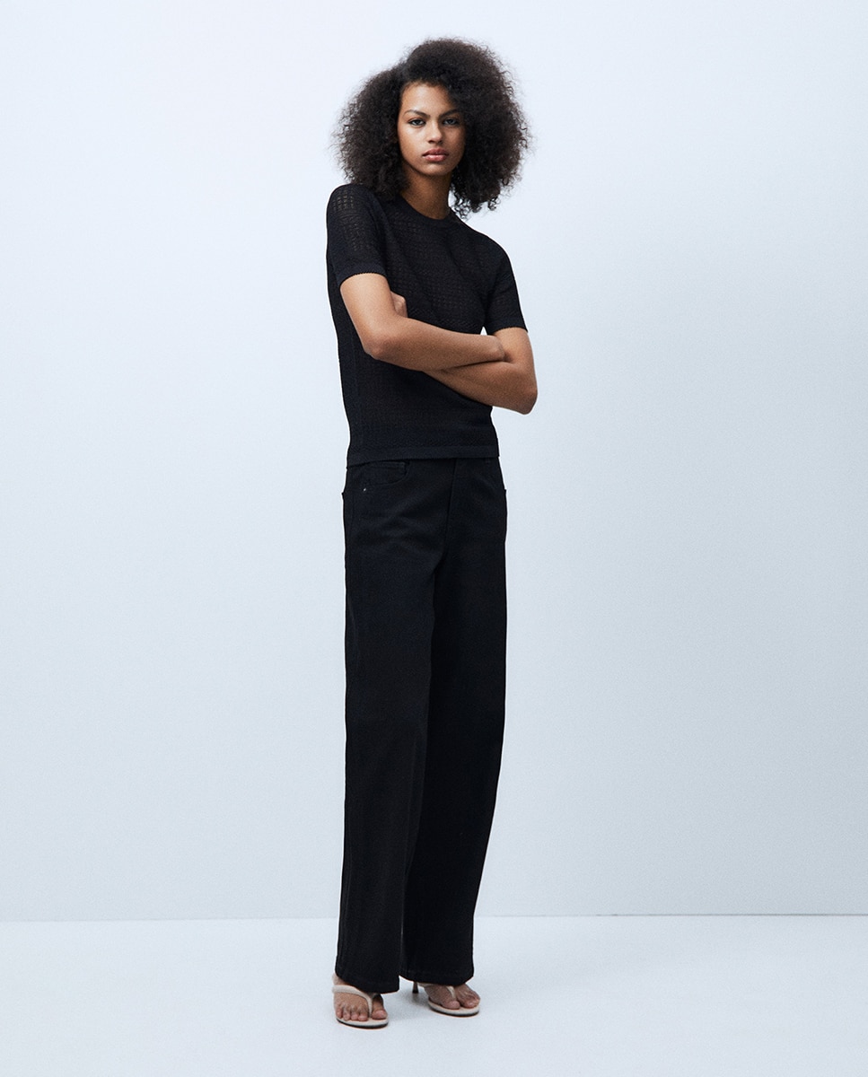 Camisola de malha rendilhada com manga curta Preto-3