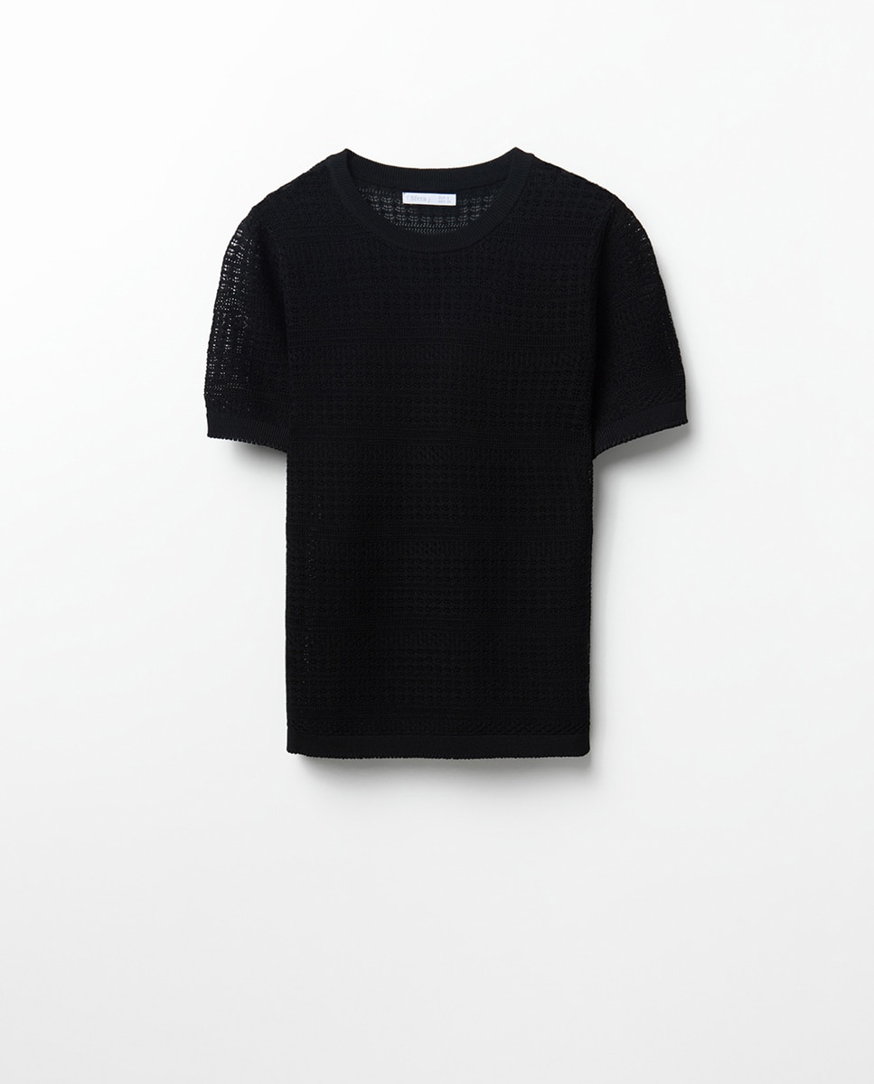 Camisola de malha rendilhada com manga curta Preto-5