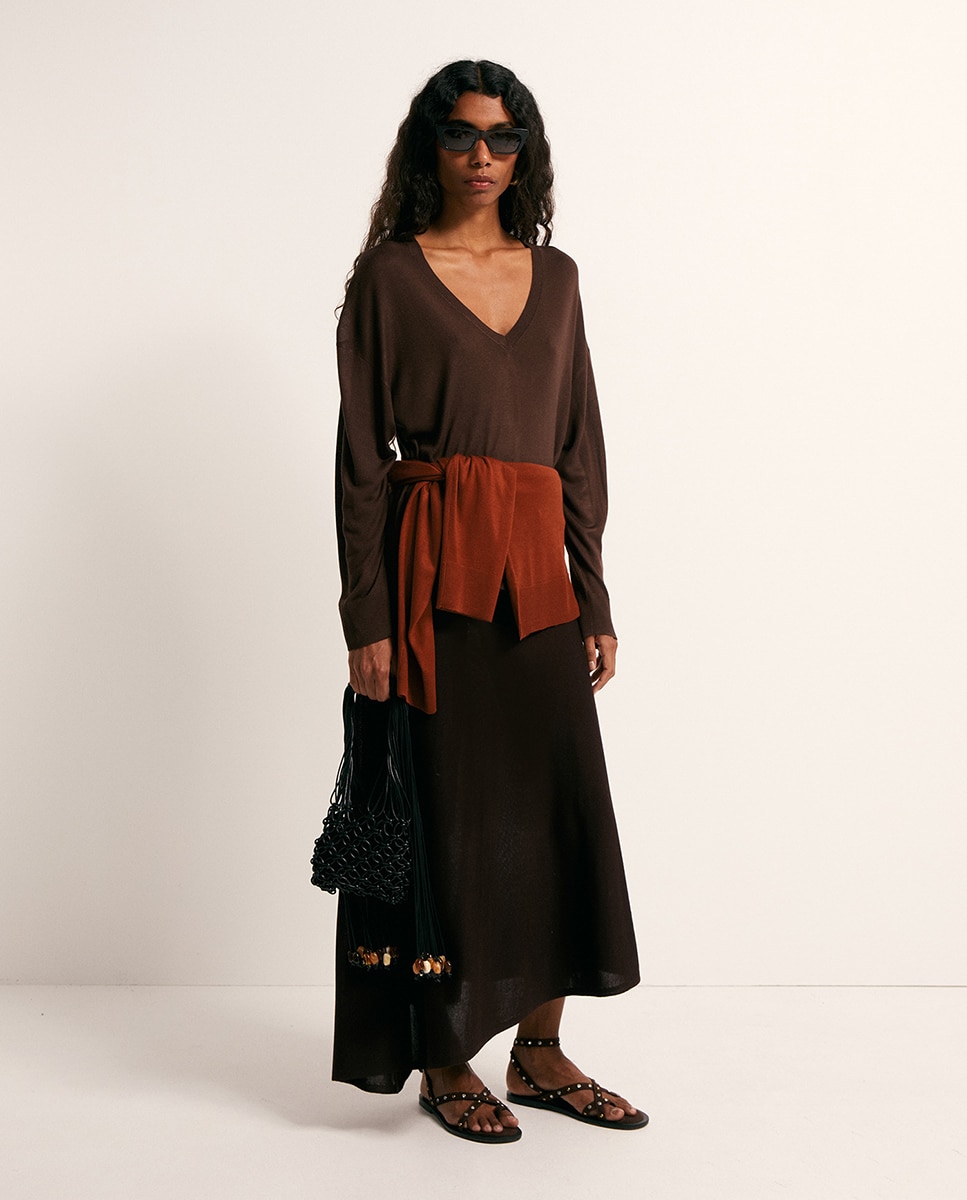 Camisola de malha fina básica Chocolate-2