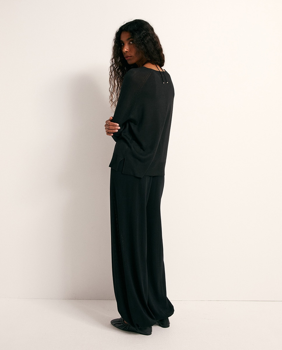 Camisola de malha fina básica Preto-5