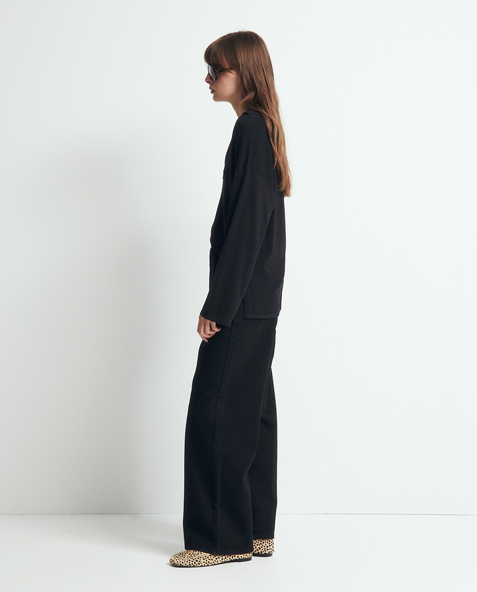 Camisola de Malha com Colarinho de Polo e Ponto Liso Preto-4