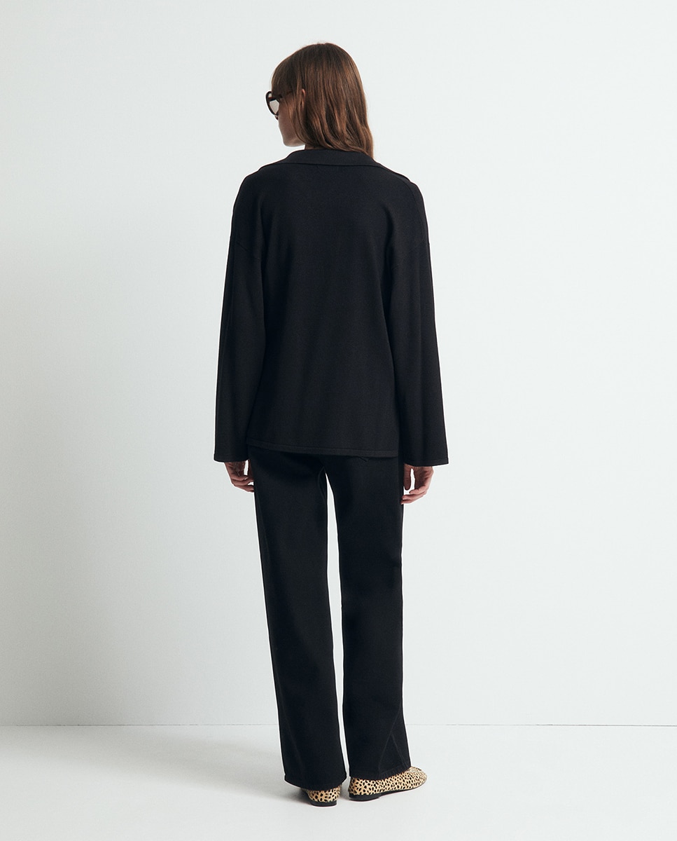 Camisola de Malha com Colarinho de Polo e Ponto Liso Preto-5