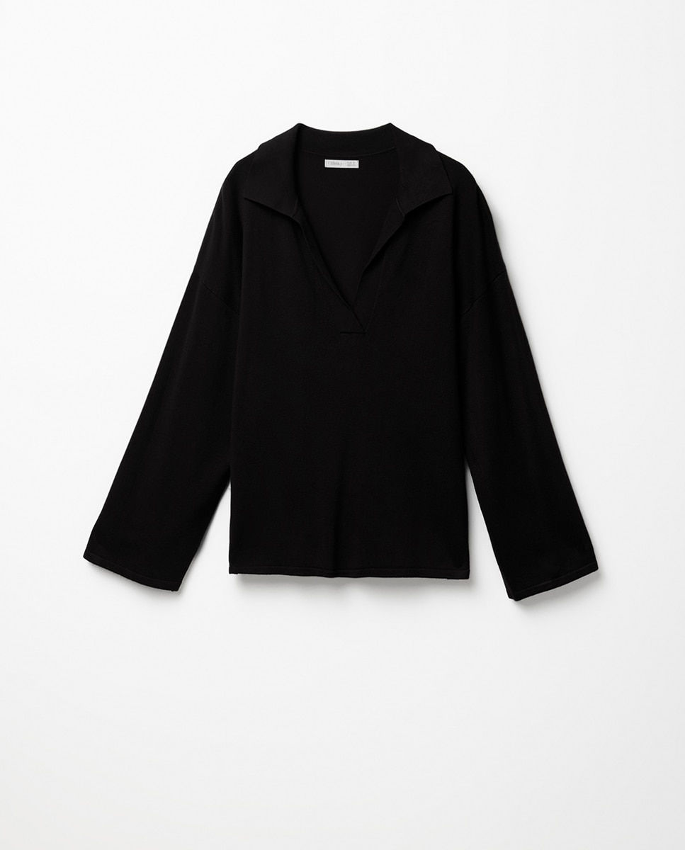 Camisola de Malha com Colarinho de Polo e Ponto Liso Preto-6