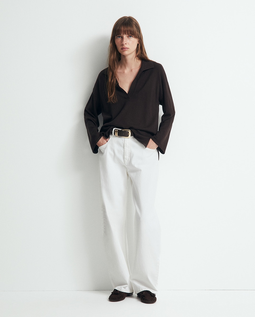 Camisola de Malha com Colarinho de Polo e Ponto Liso Chocolate-2