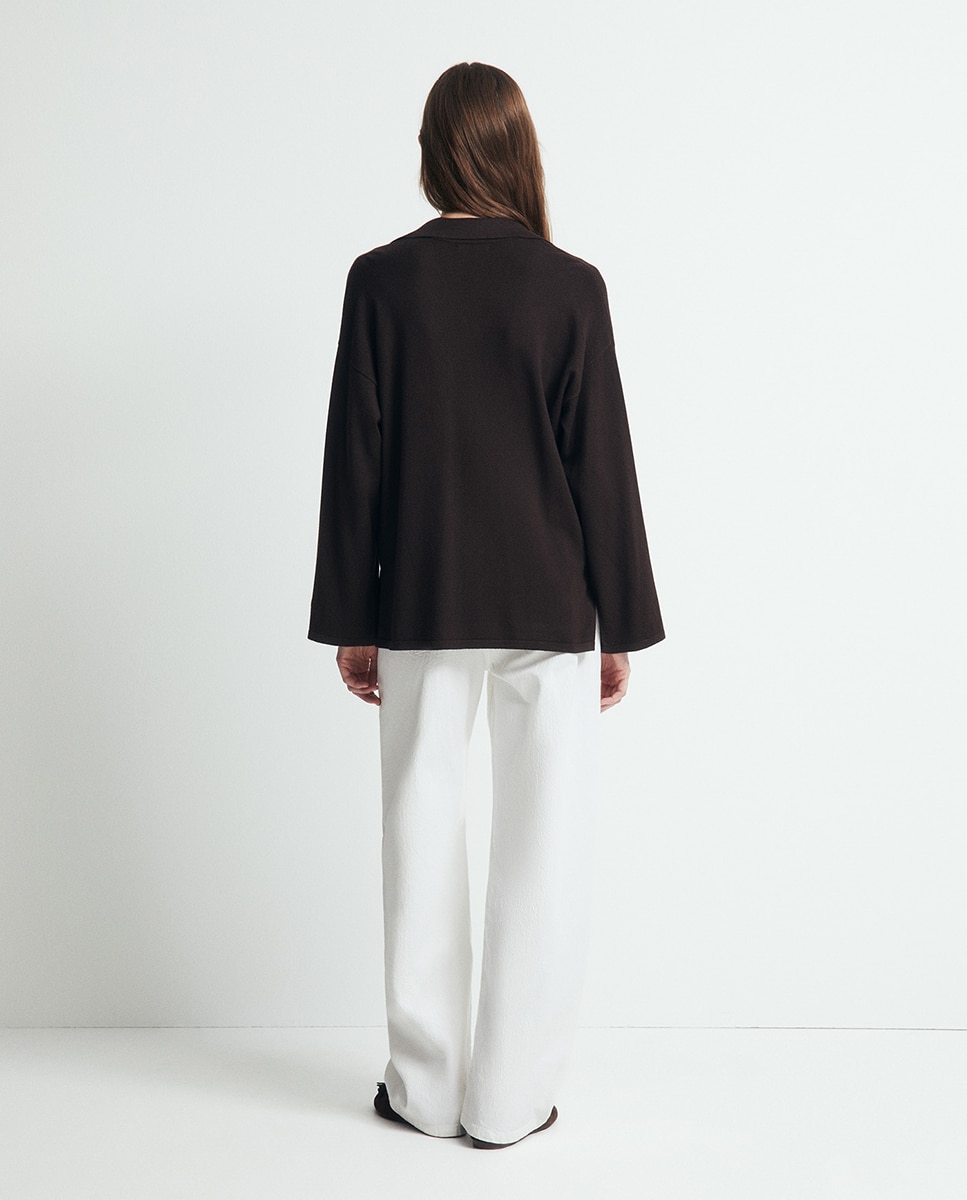 Camisola de Malha com Colarinho de Polo e Ponto Liso Chocolate-5