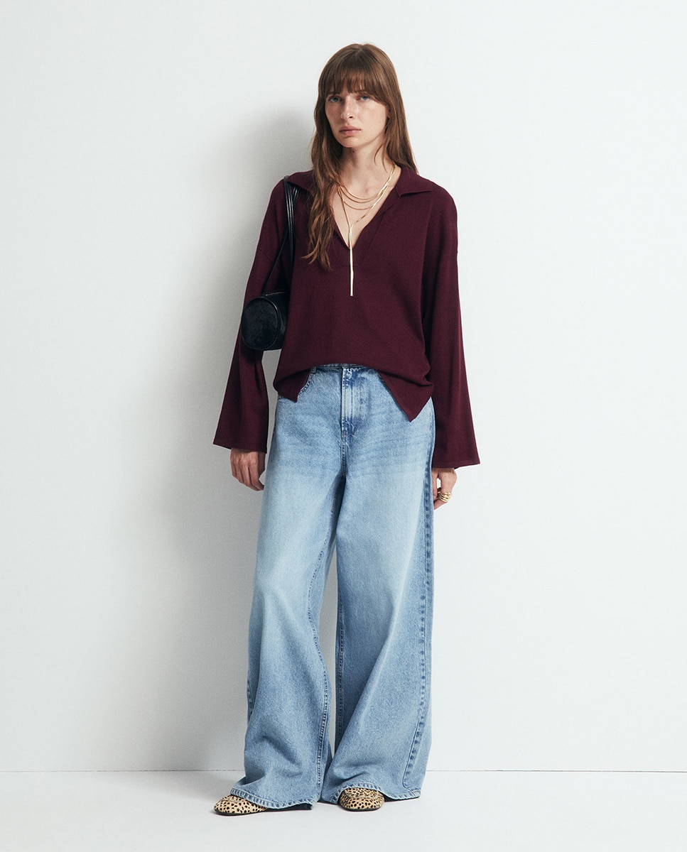 Camisola de Malha com Colarinho de Polo e Ponto Liso Bordeaux-2