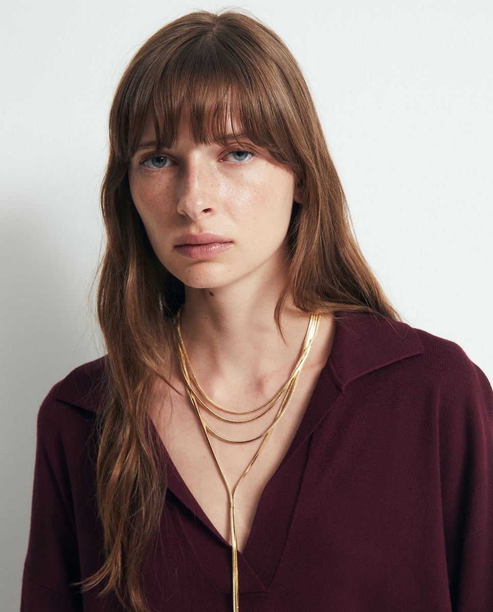 Camisola de Malha com Colarinho de Polo e Ponto Liso Bordeaux-3