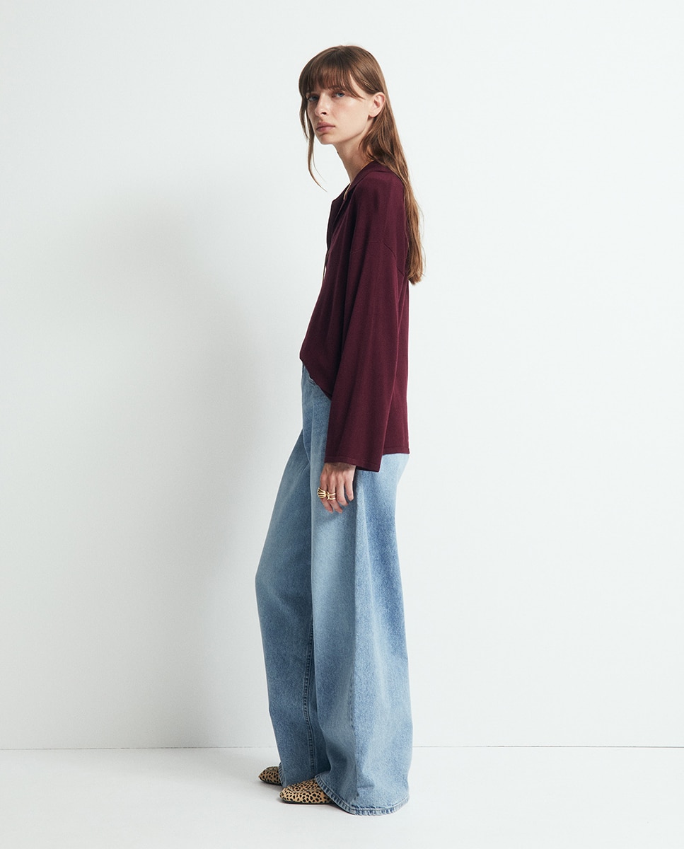 Camisola de Malha com Colarinho de Polo e Ponto Liso Bordeaux-4