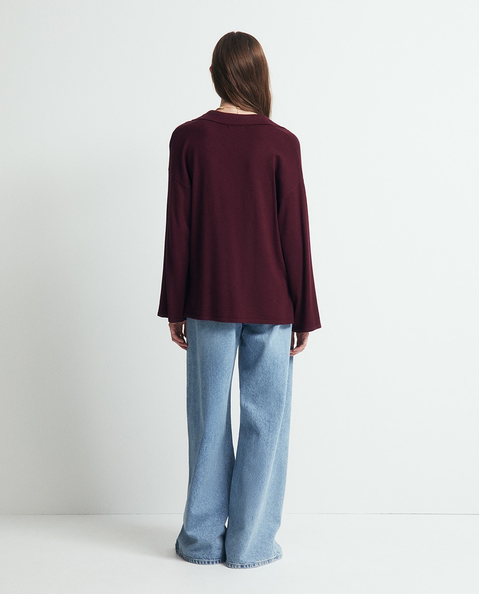 Camisola de Malha com Colarinho de Polo e Ponto Liso Bordeaux-5