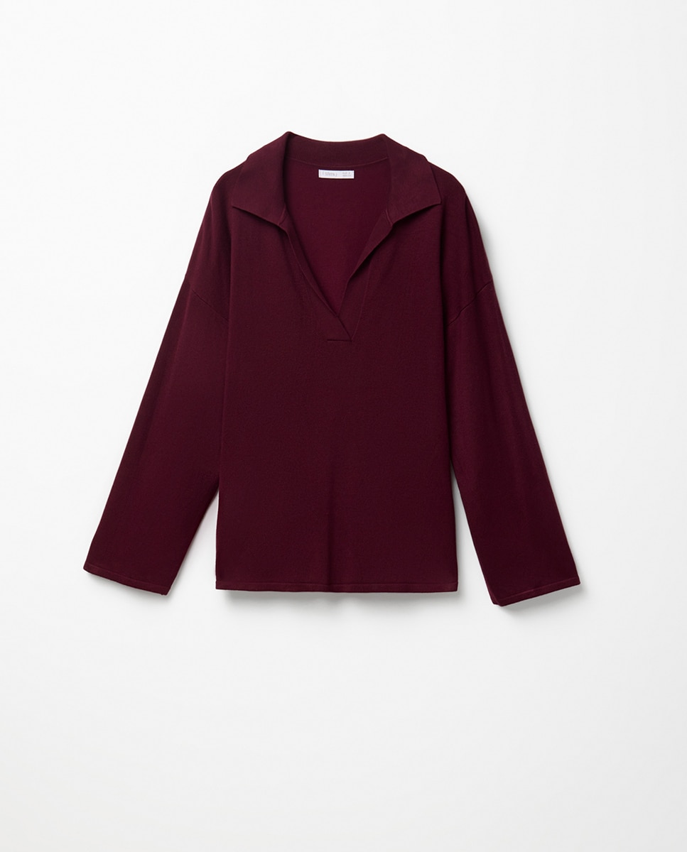 Camisola de Malha com Colarinho de Polo e Ponto Liso Bordeaux-6