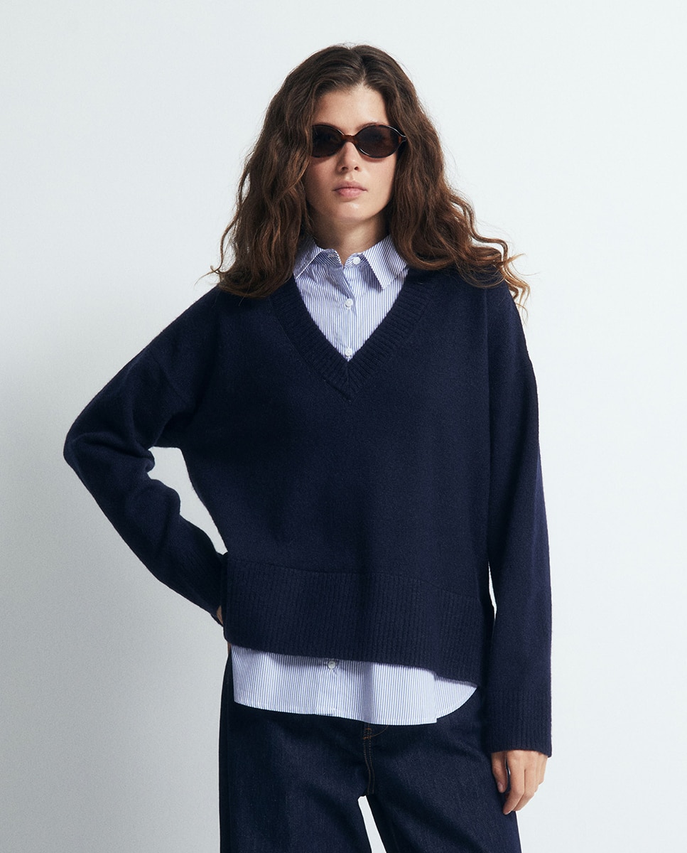 Camisola de Malha Combinada Azul-marinho-2