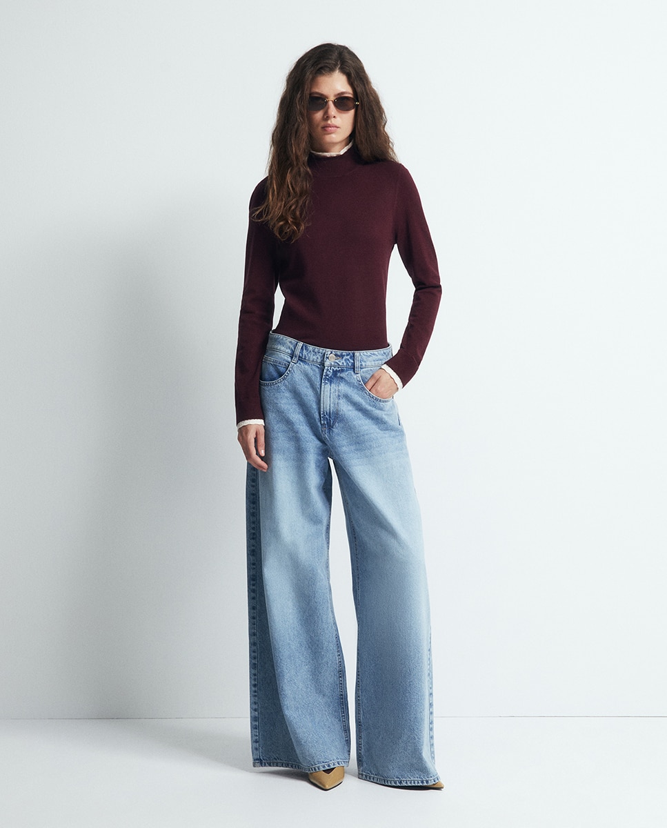 Camisola de Malha com Acabamentos Pointelle Bordeaux-2