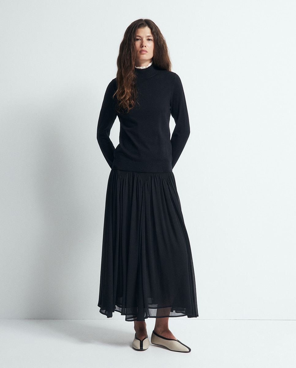 Camisola de Malha com Acabamentos Pointelle Preto-3