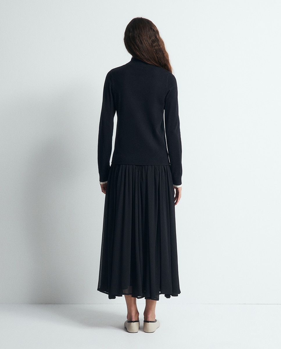 Camisola de Malha com Acabamentos Pointelle Preto-5