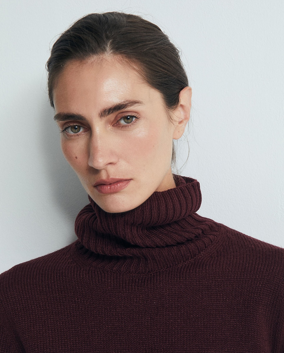 Camisola de Malha Acrílica com Gola Dobrada Bordeaux-3