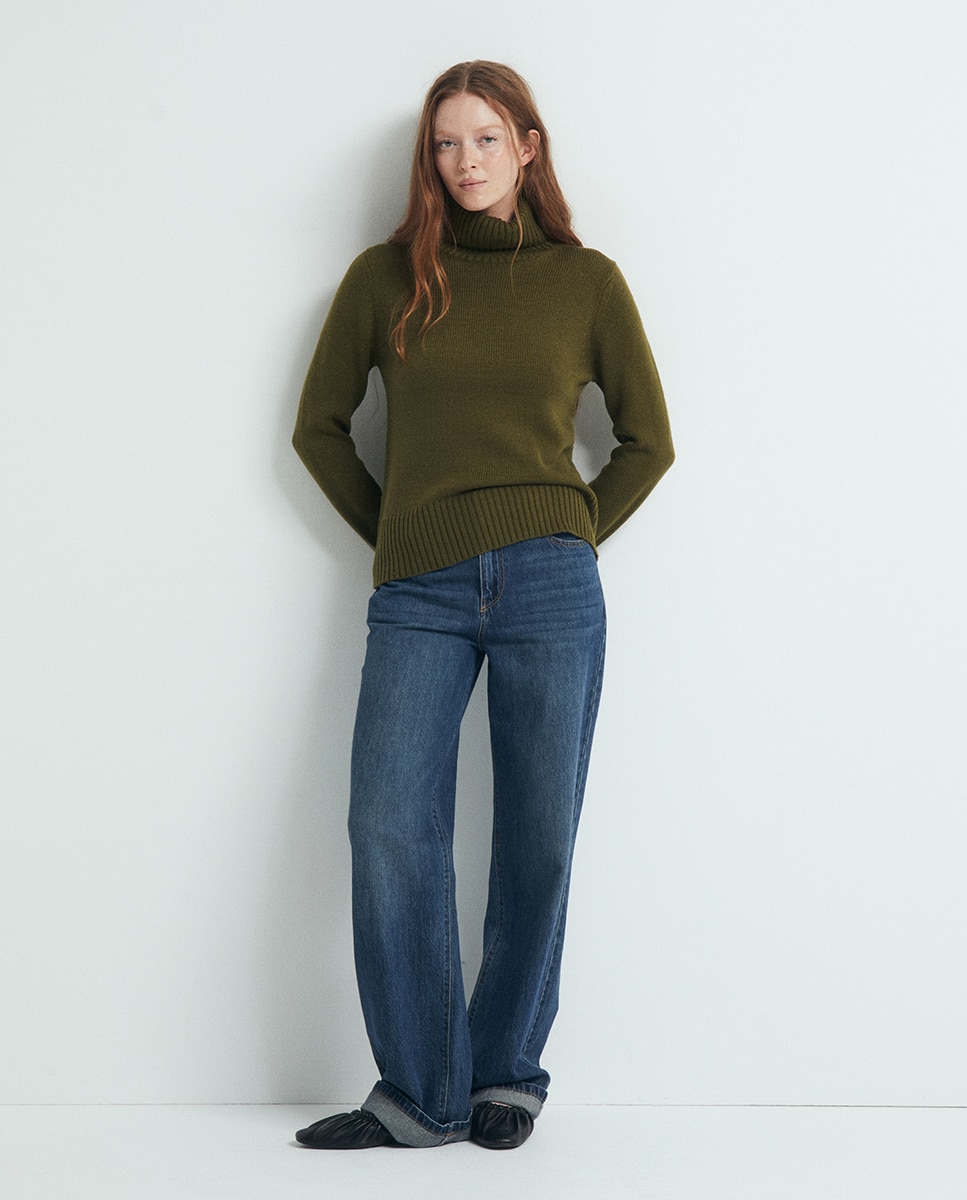 Camisola de Malha Acrílica com Gola Dobrada 530 Verde Escuro-2