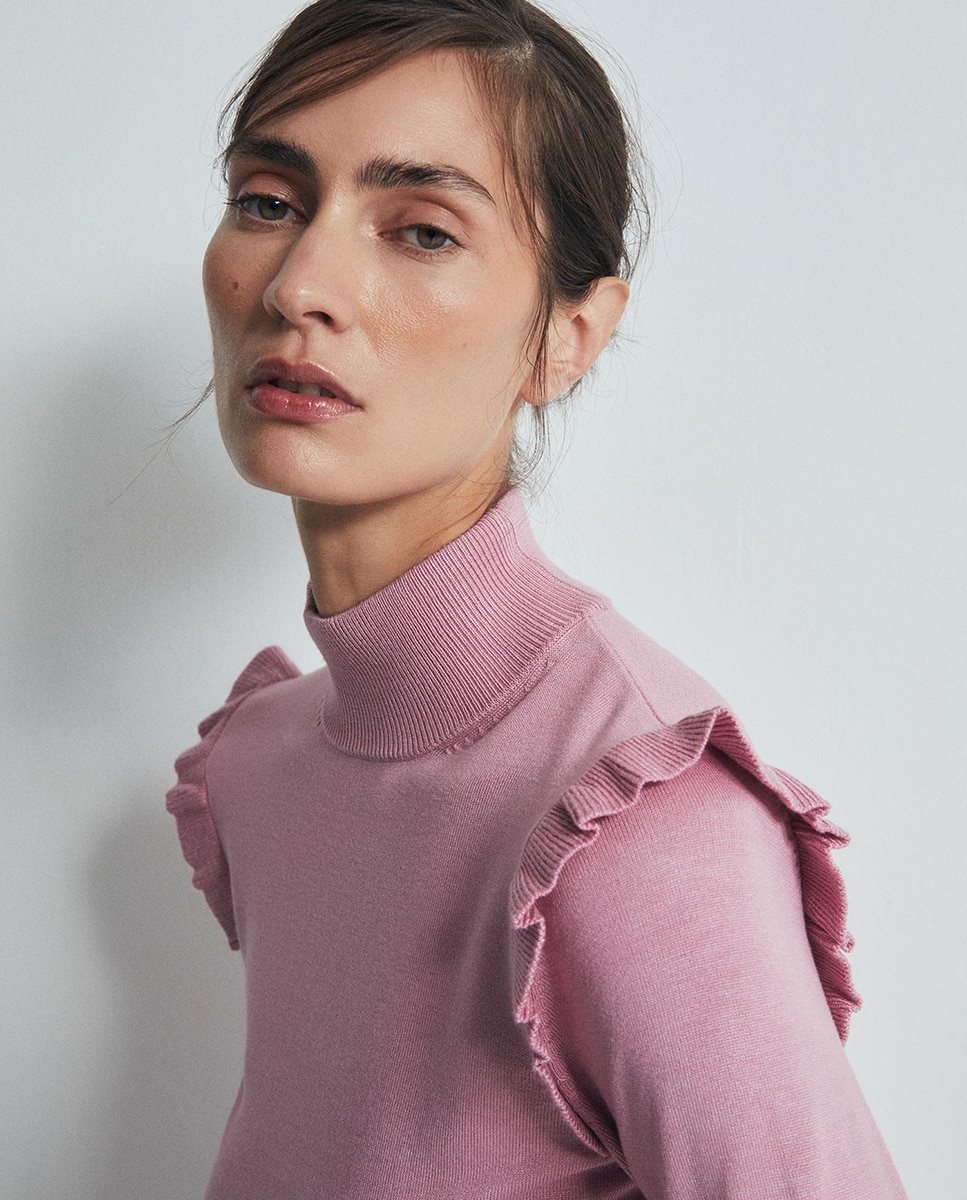 Camisola de Malha com Folho no Ombro 200 Rosa-3