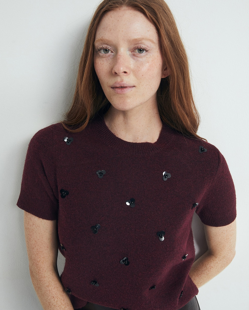 Camisola de Malha com Apliques Florais Bordeaux-2
