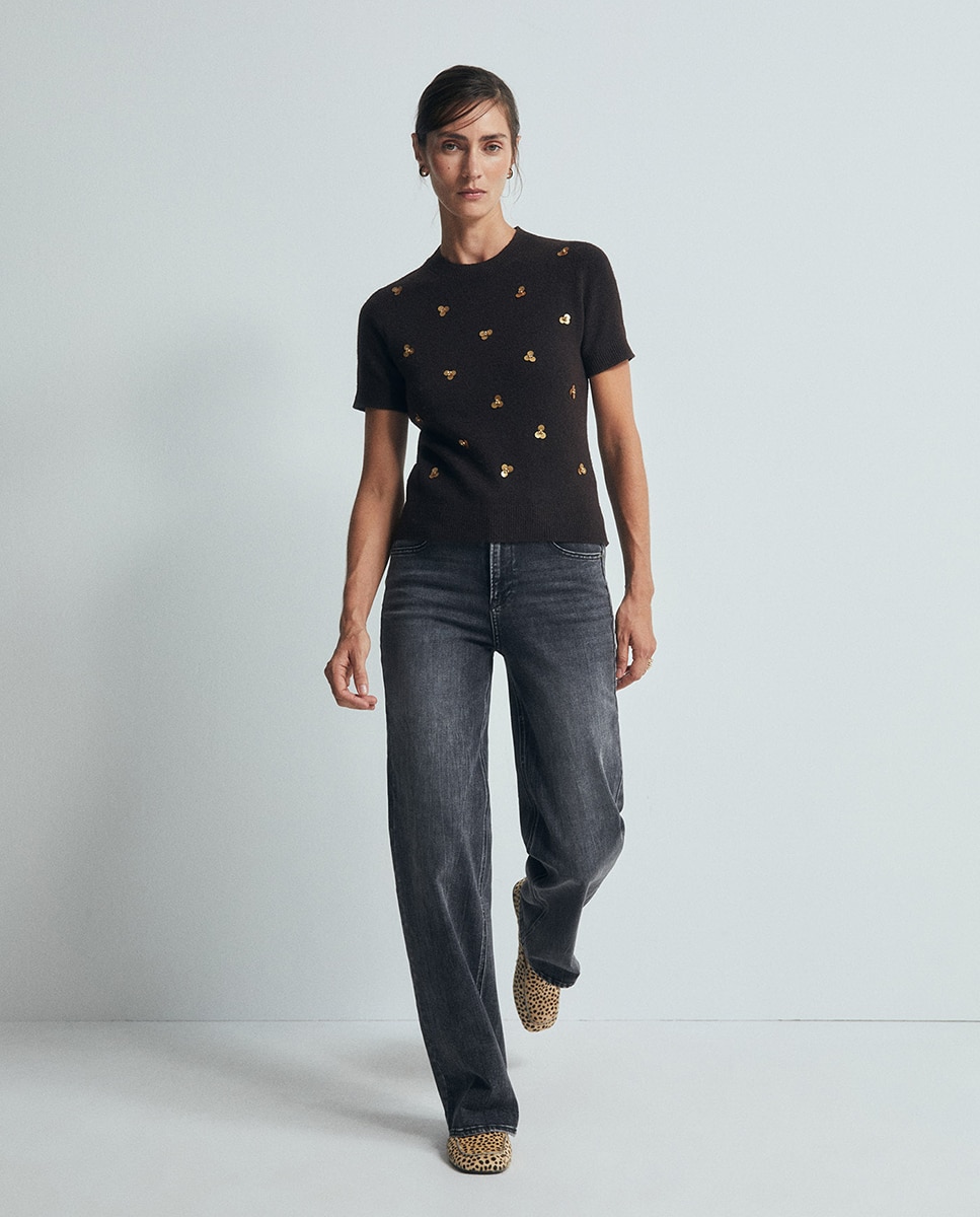 Camisola de Malha com Apliques Florais Chocolate-3