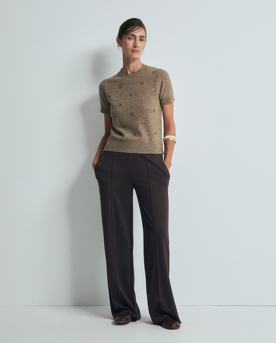 Camisola de Malha com Apliques Florais Torrado-3
