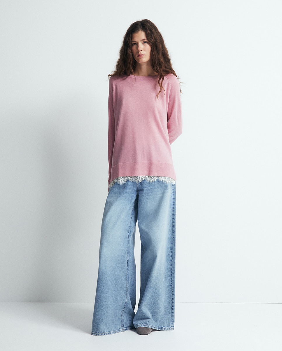 Camisola de malha com renda 200 Rosa-2