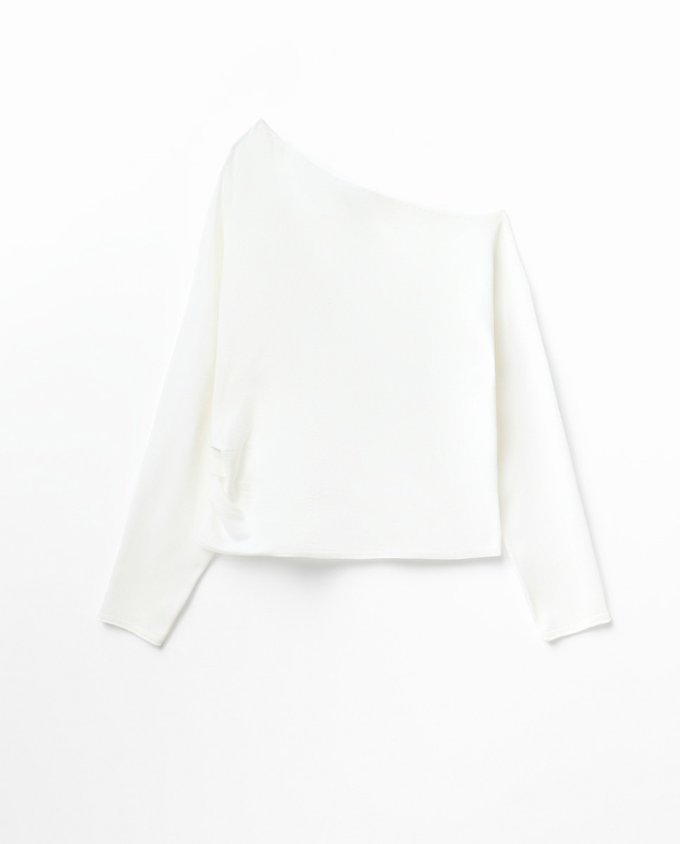 Camisola de Malha Assimétrica com Franzido Branco-6