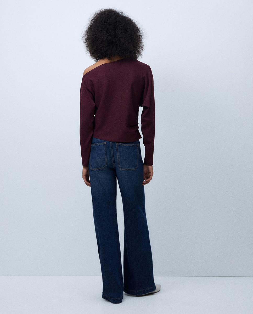 Camisola de Malha Assimétrica com Franzido Bordeaux-4
