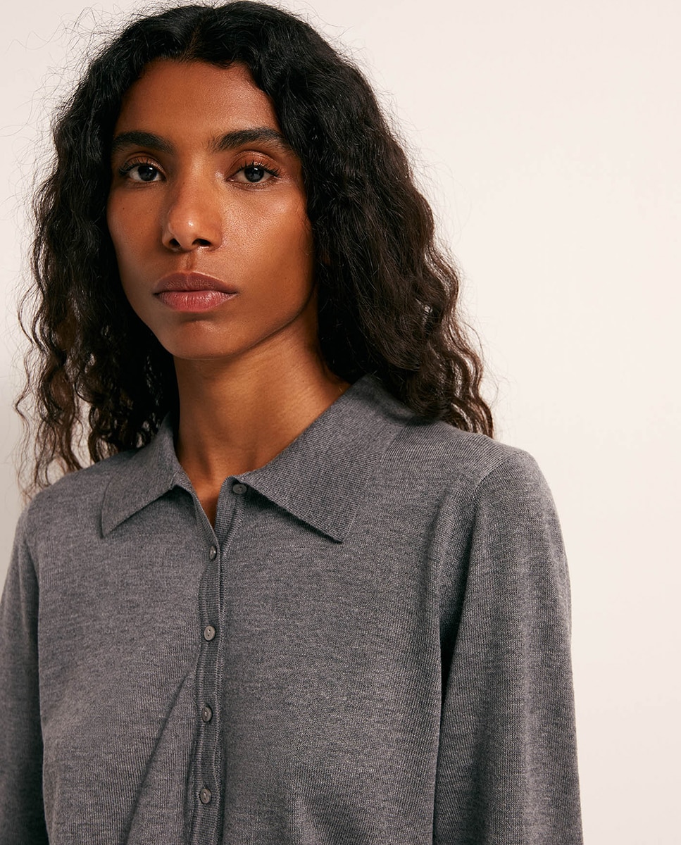 Camisola de malha com colarinho de pólo 820 Cinzento Médio-3