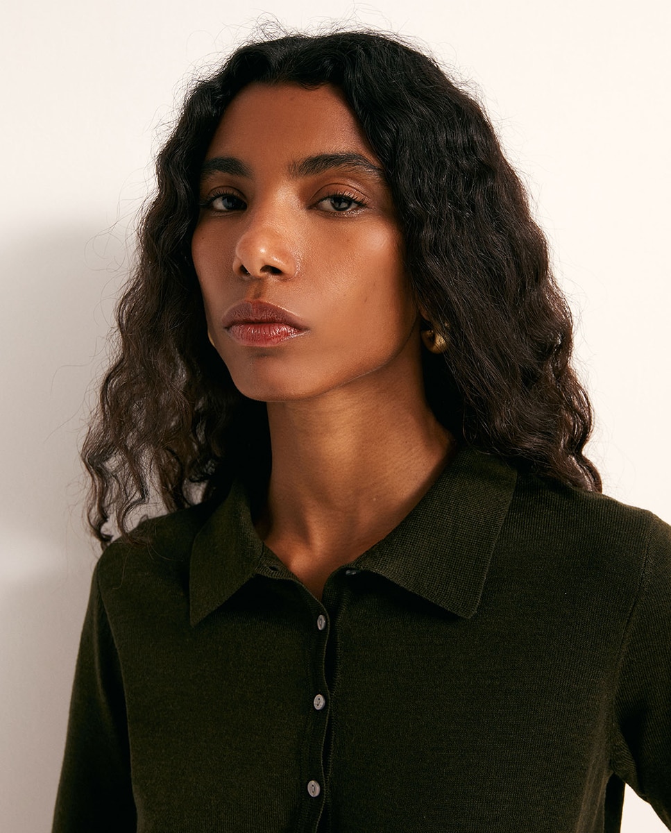 Camisola de malha com colarinho de pólo 520 Caqui-2