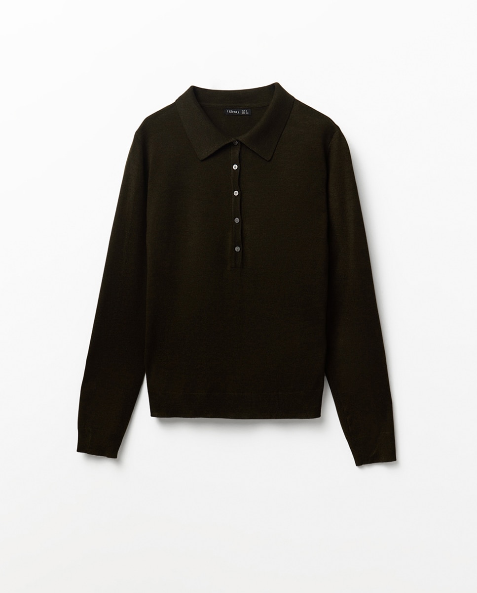 Camisola de malha com colarinho de pólo 520 Caqui-6