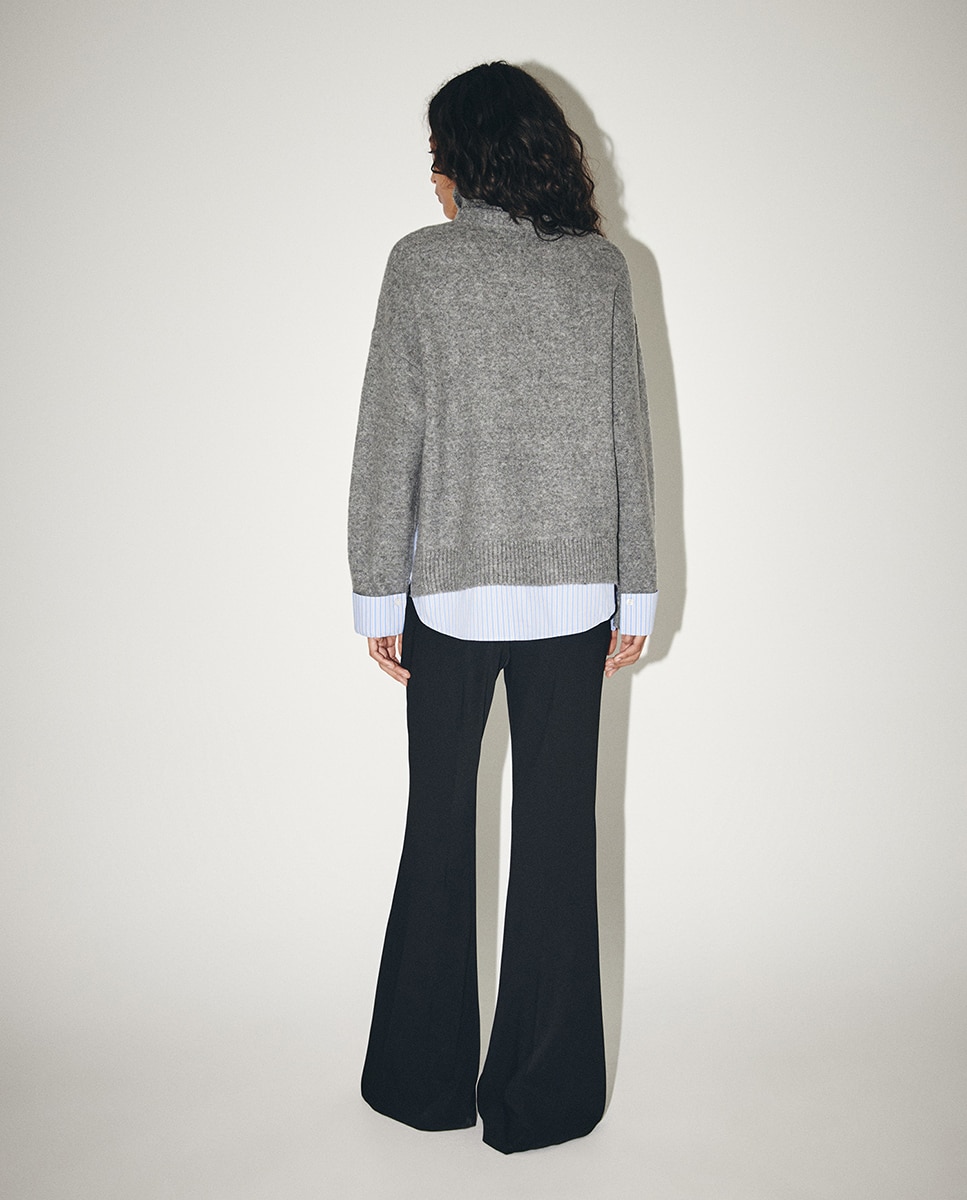 Camisola de Malha com Gola Combinada Plana 820 Cinzento Médio-5