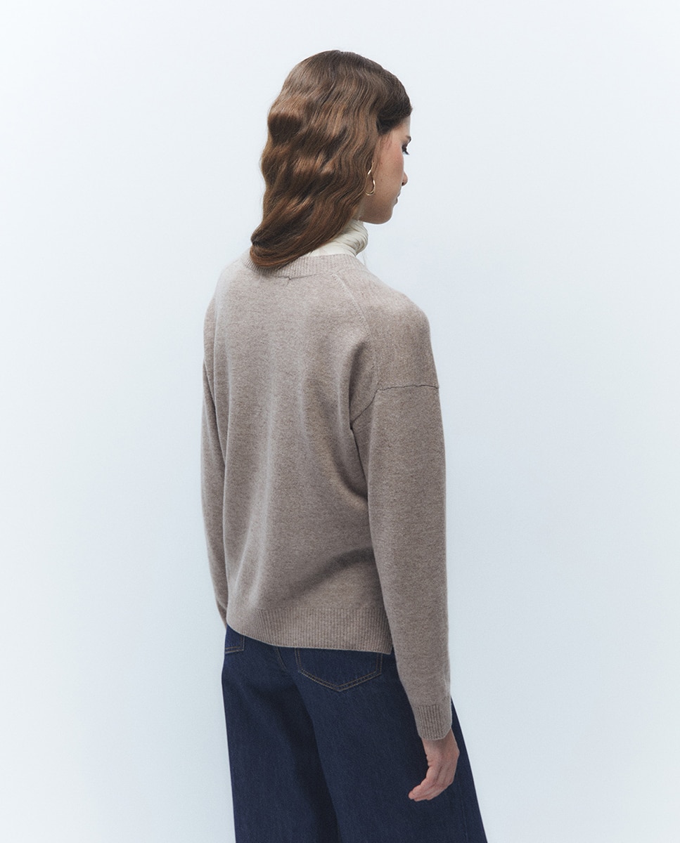 Camisola de Malha 100% Lã com Decote em Bico Vison Claro-5