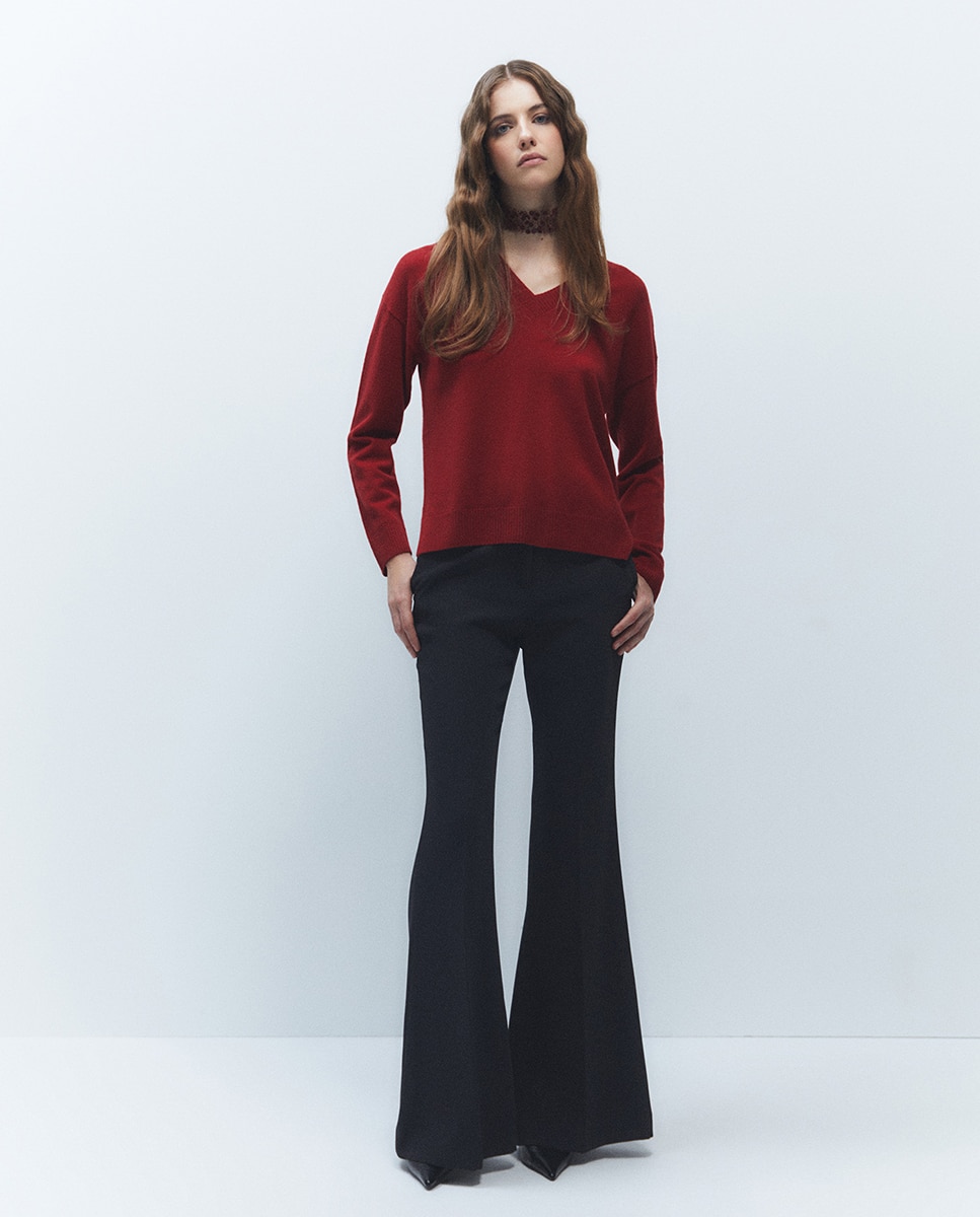 Camisola de Malha 100% Lã com Decote em Bico 600 Vermelho-3