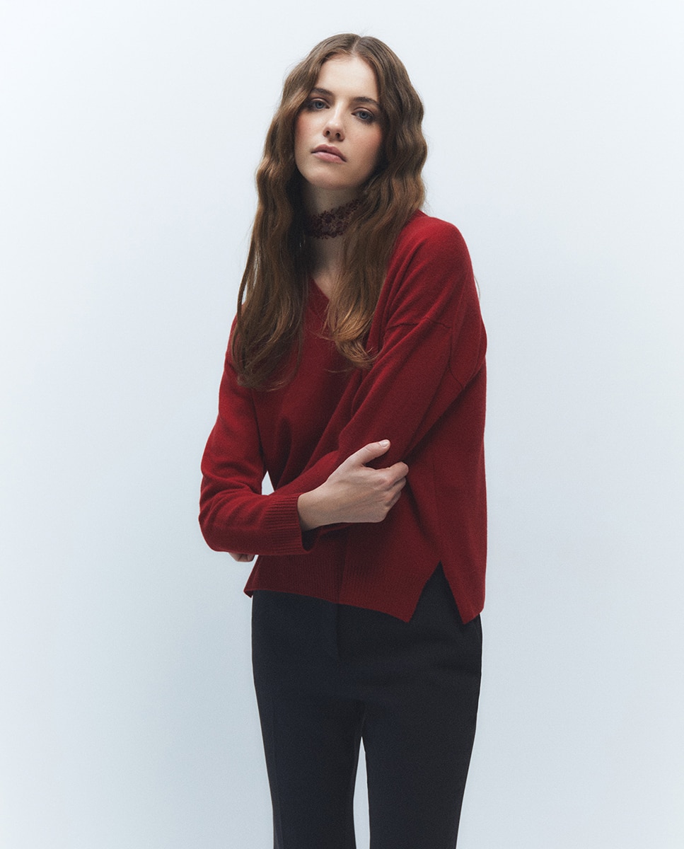 Camisola de Malha 100% Lã com Decote em Bico 600 Vermelho-4