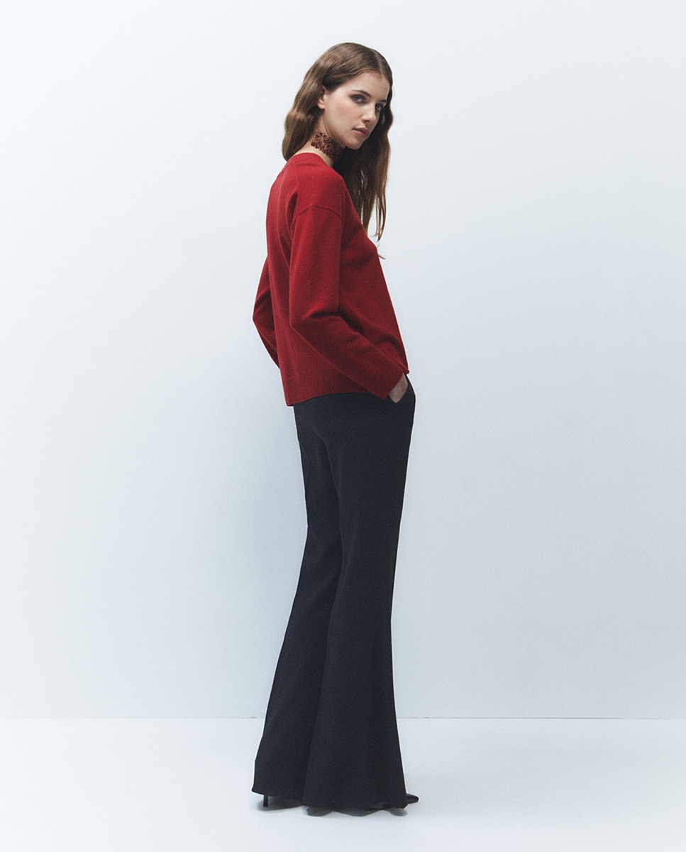 Camisola de Malha 100% Lã com Decote em Bico 600 Vermelho-5