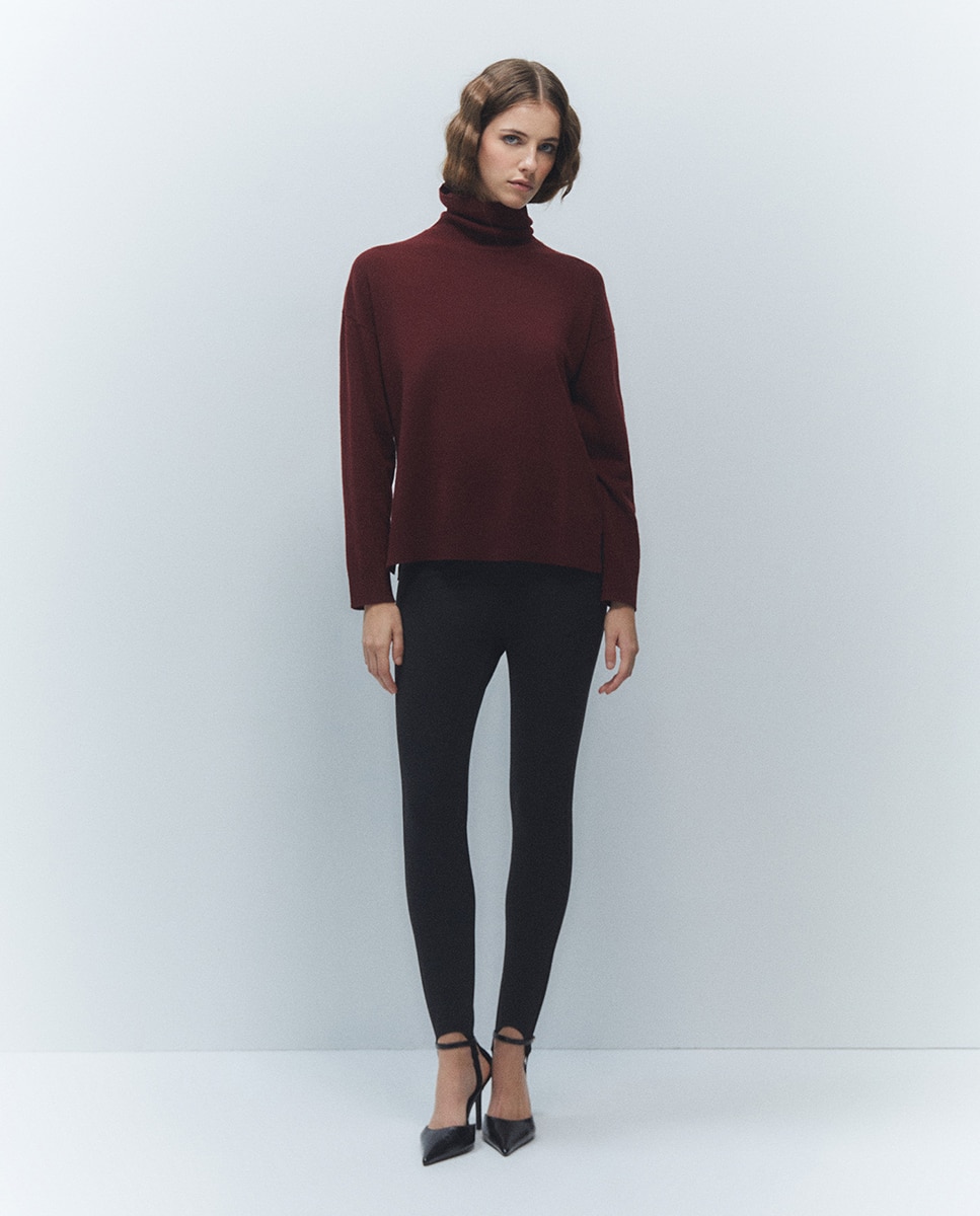 Camisola de Malha 100% Lã com Gola Dobrada Bordeaux-3