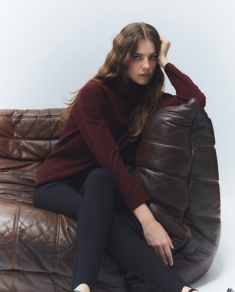 Camisola de Malha 100% Lã com Gola Dobrada Bordeaux-4