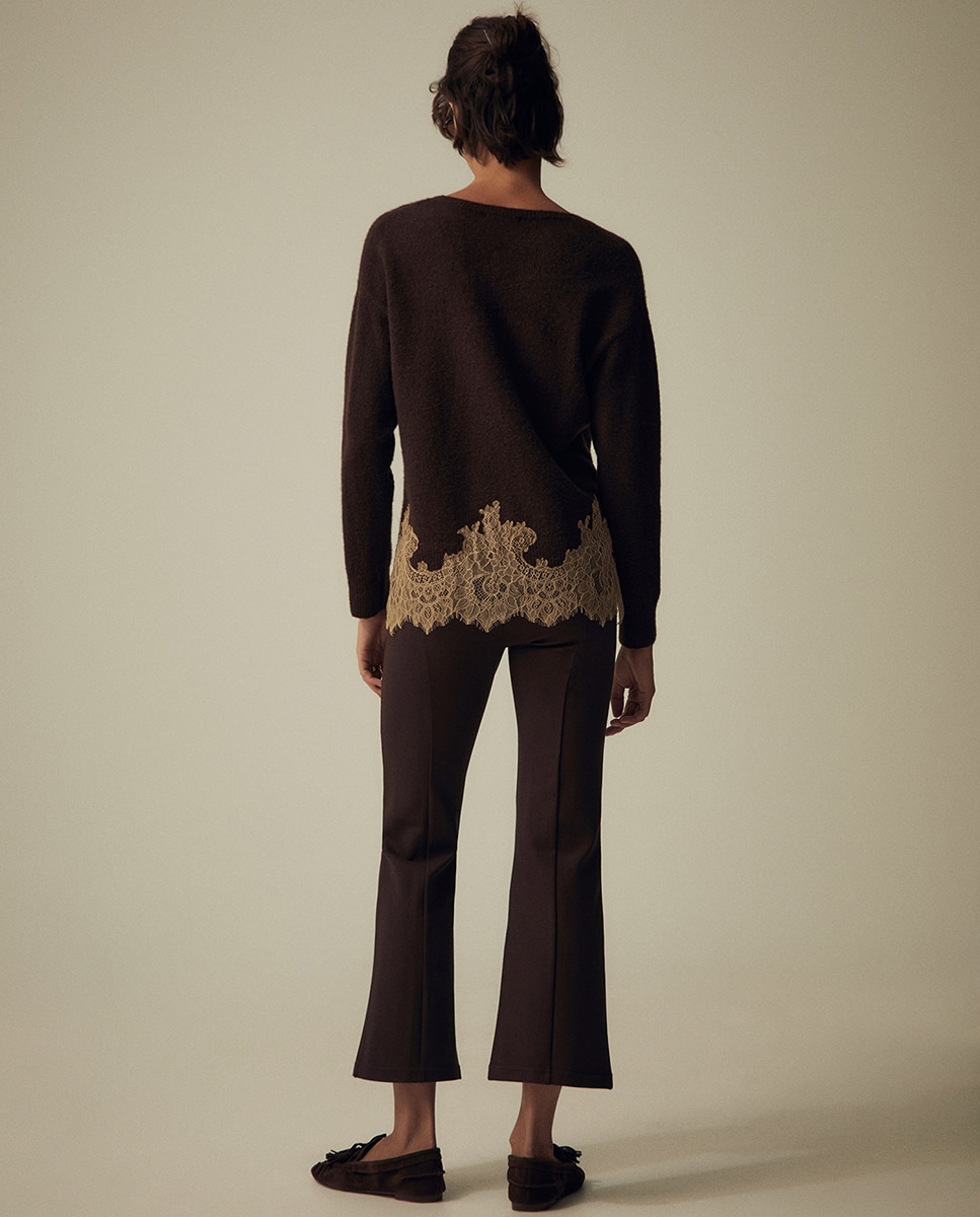 Camisola de Malha com Decote em Bico Rendilhado Chocolate-5