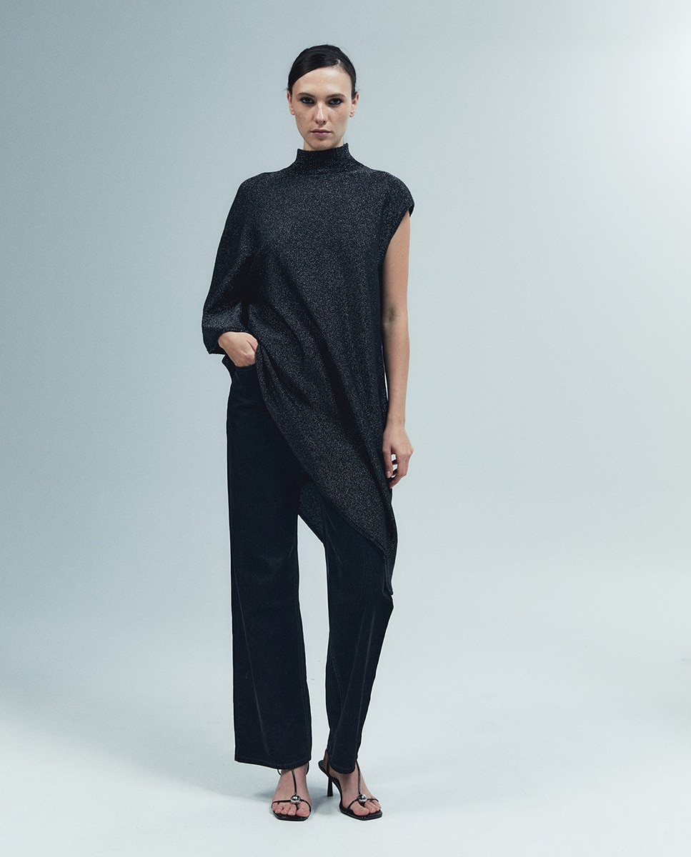Camisola de Malha Assimétrica sem mangas e com Brilho Preto-2