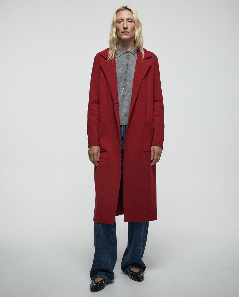 Sobretudo com Aba e Bolsos Vermelho-1