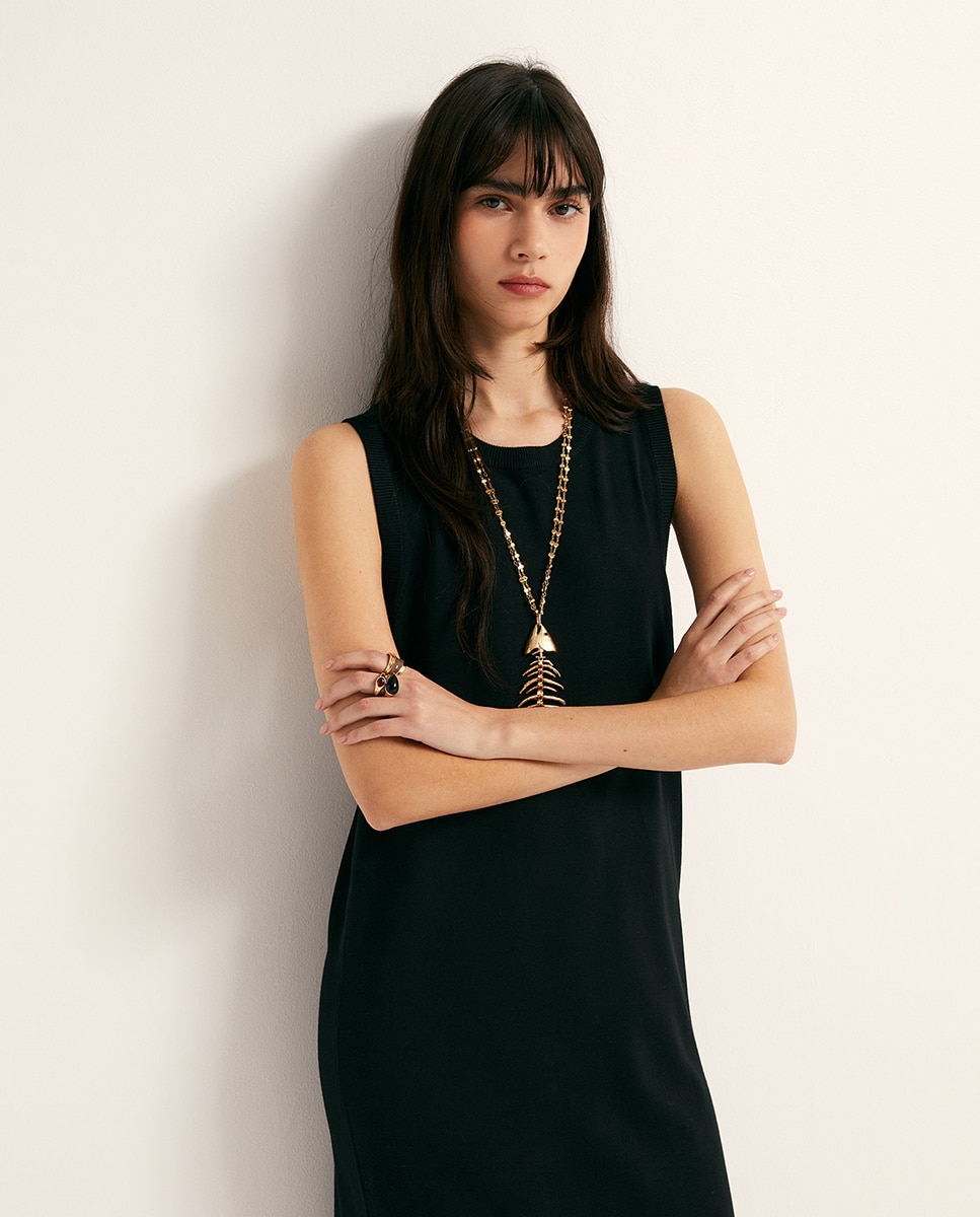 Vestido midi liso Preto-2