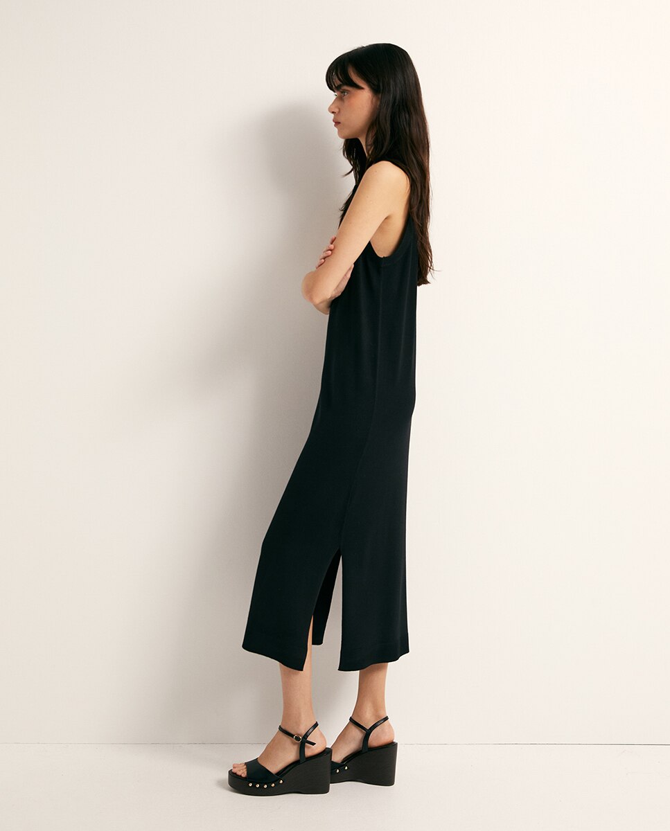 Vestido midi liso Preto-3